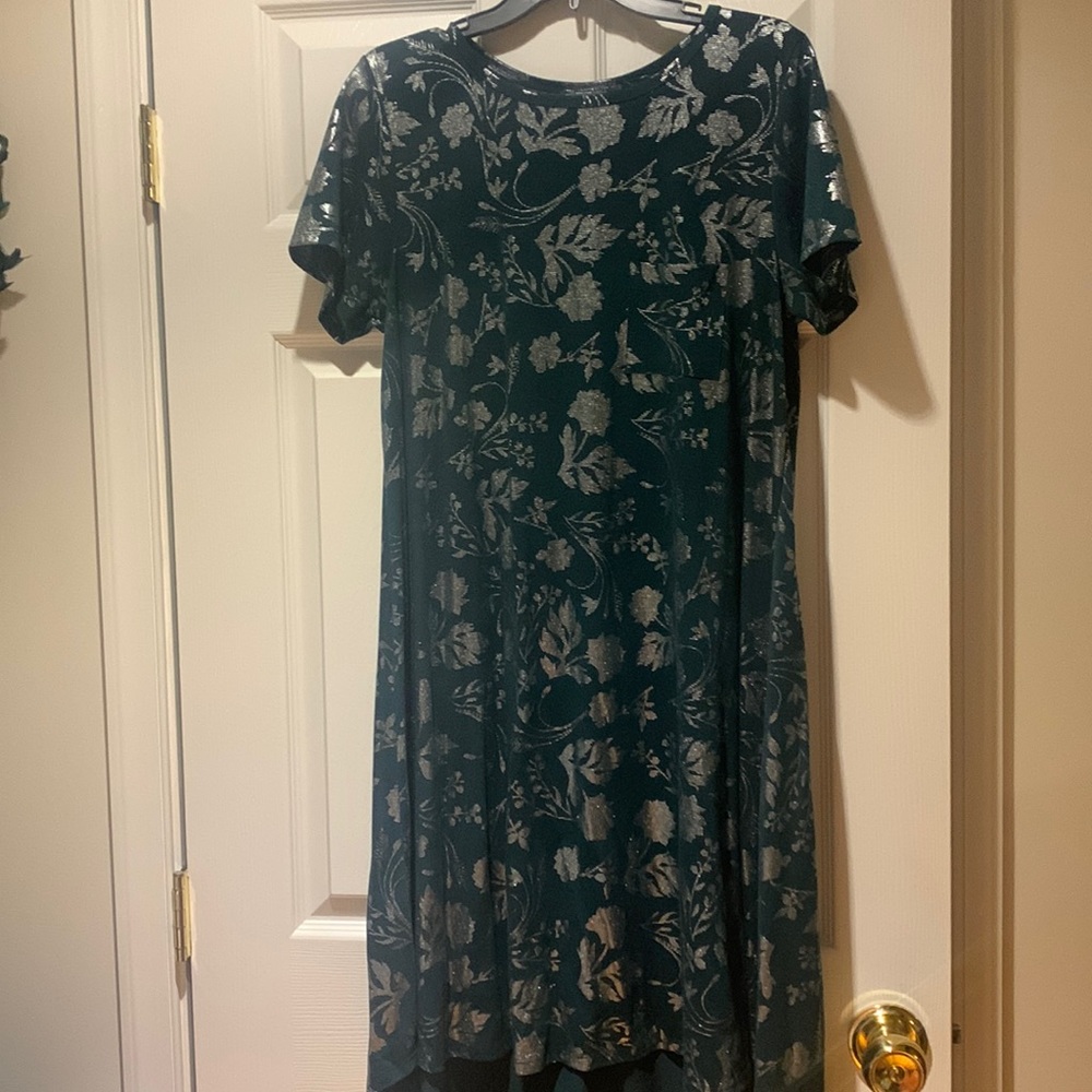 Lularoe Large Carly. Hunter green and silver foil print.